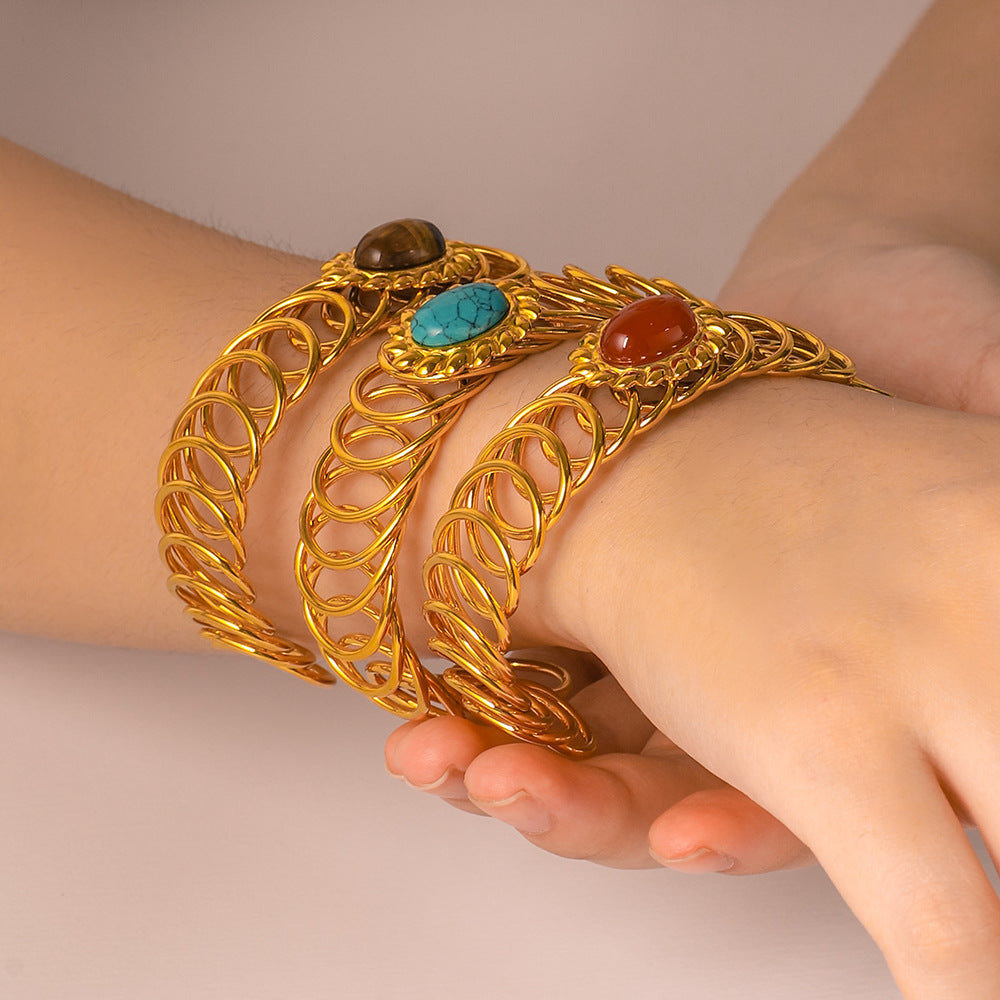Bracciale a molla regolabile in acciaio inossidabile da donna, stile francese vintage, con intarsio in pietra naturale e finitura placcata