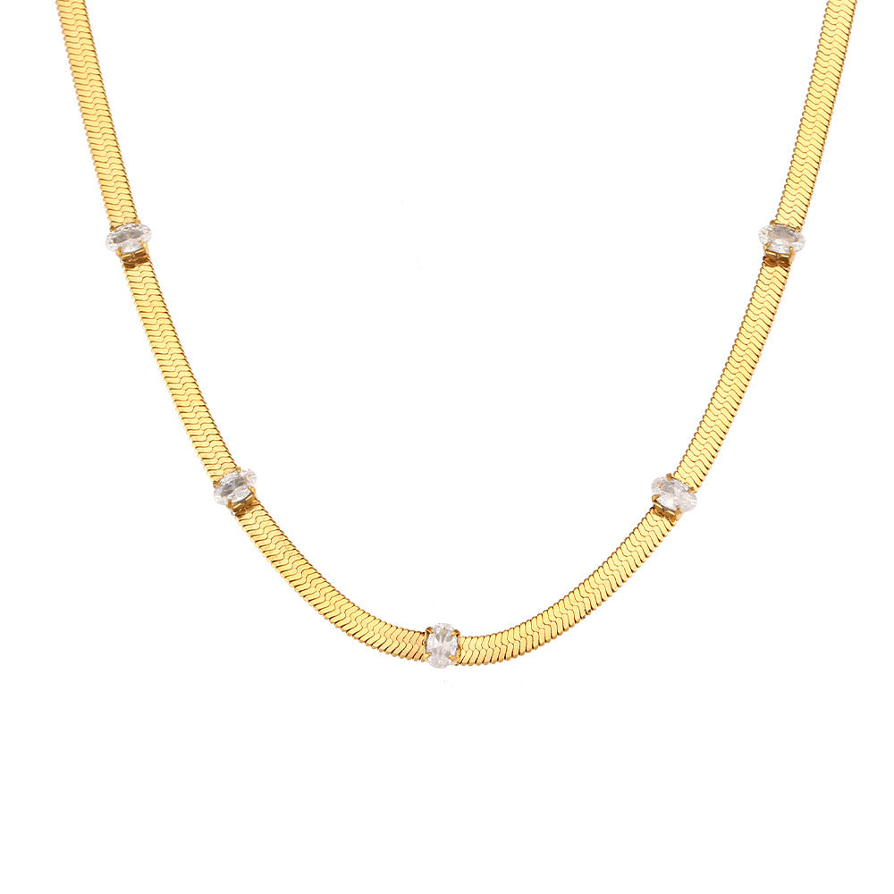 Minimalist Geometric Stainless Steel Plated Necklace for Women with Blade Chain and Clear Zirconia