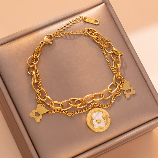Pulsera de acero titanio chapado en oro rosa de doble capa con dijes gruesos de corazón y oso para mujer, joyería de moda casual