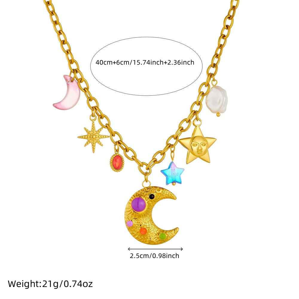 Collana con Pendente Mezzaluna e Stella in Stile Cartone Animato in Acciaio Inossidabile Placcato Oro su Catena a O da Donna