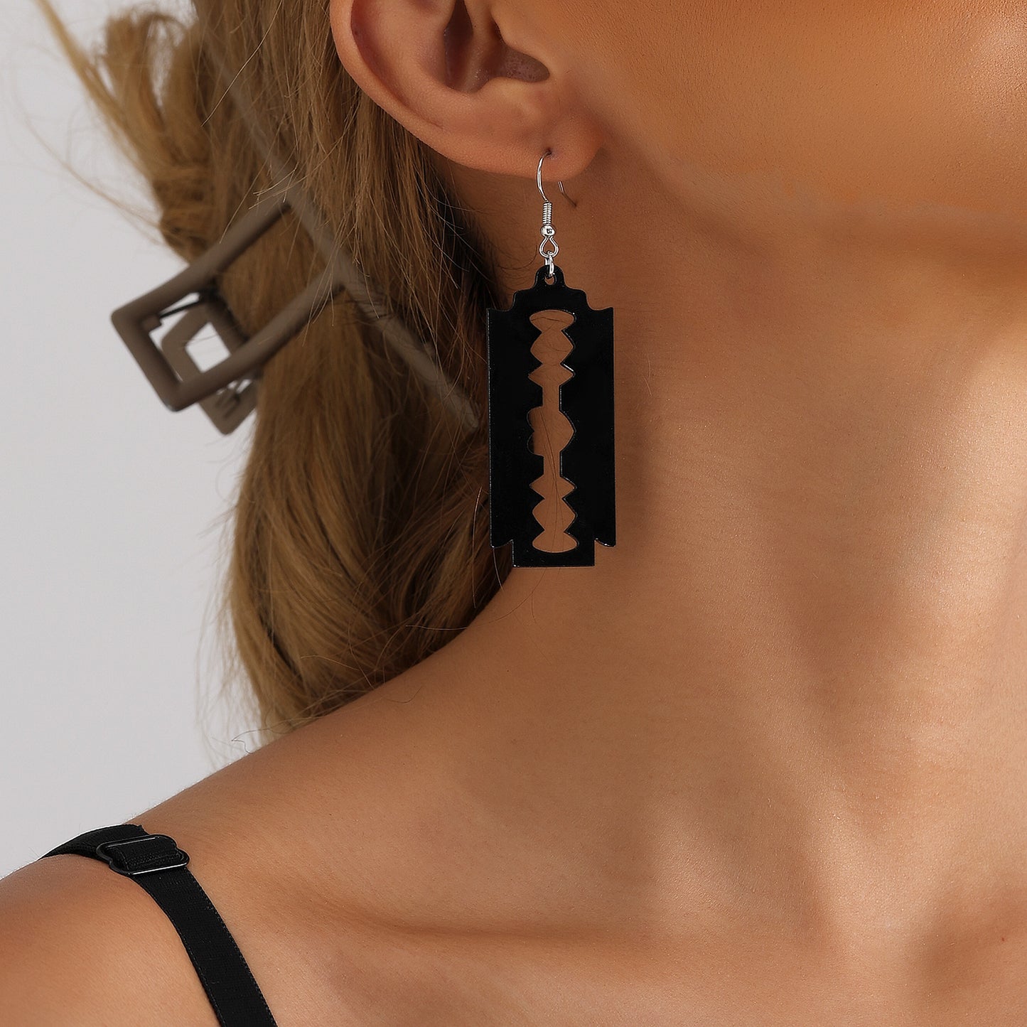 Geometric Blade-Shaped Alloy Earrings for Women with Plated Finish and Hollow-Cut Acrylic Accents