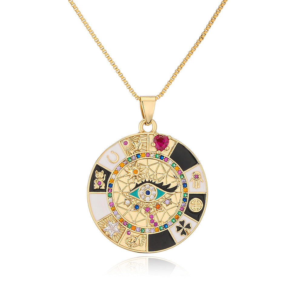 Collana pendente geometrica irregolare stile bohémien da donna con occhi in smalto e zirconi su catena a maglie in rame