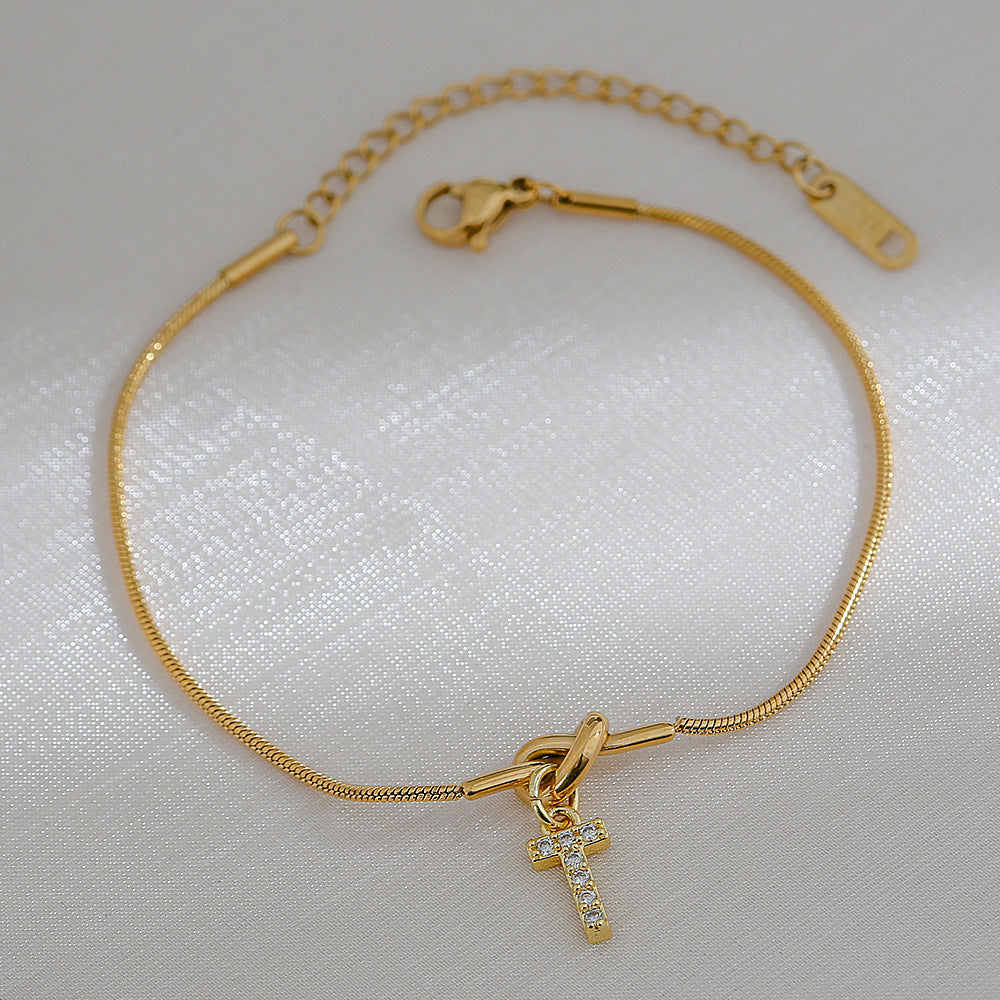 18K Gold Plated Stainless Steel Letter Heart Knot Charm Bar Bracelet for Women