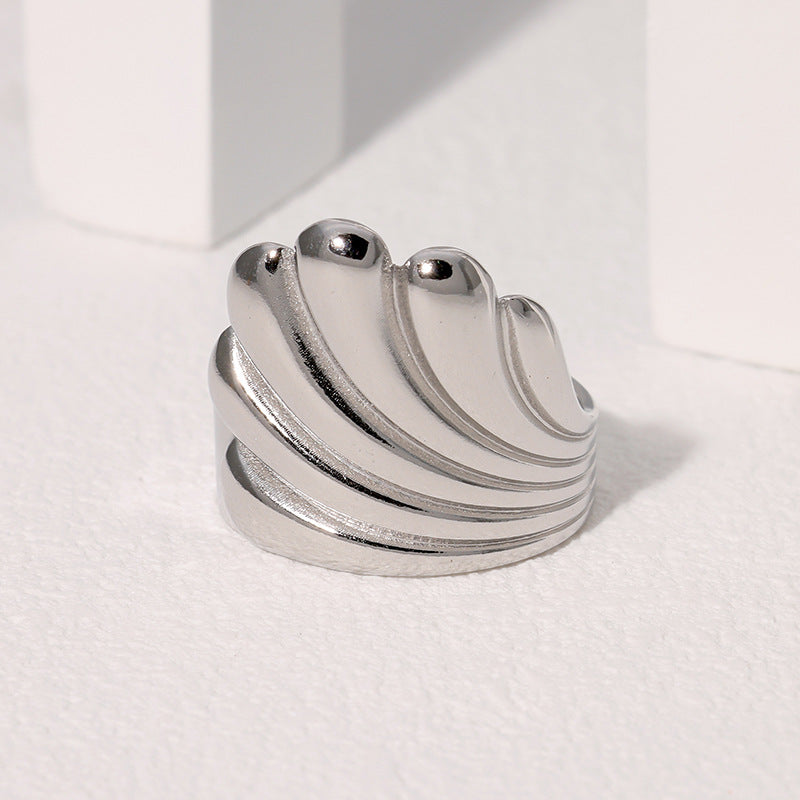 Geometric Minimalist Stainless Steel Ring for Women with Gold Plating, Ocean Wave Pattern, Cool-Tone Retro Fashion Design