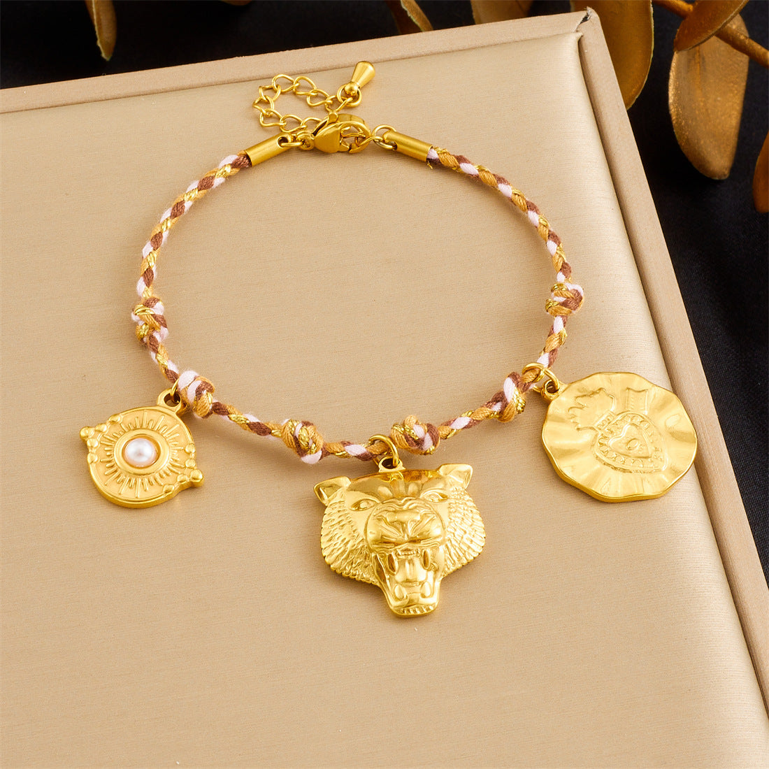 Bohemian Vintage Gold Plated Stainless Steel Rope Chain Floral Pendant Jewelry Set