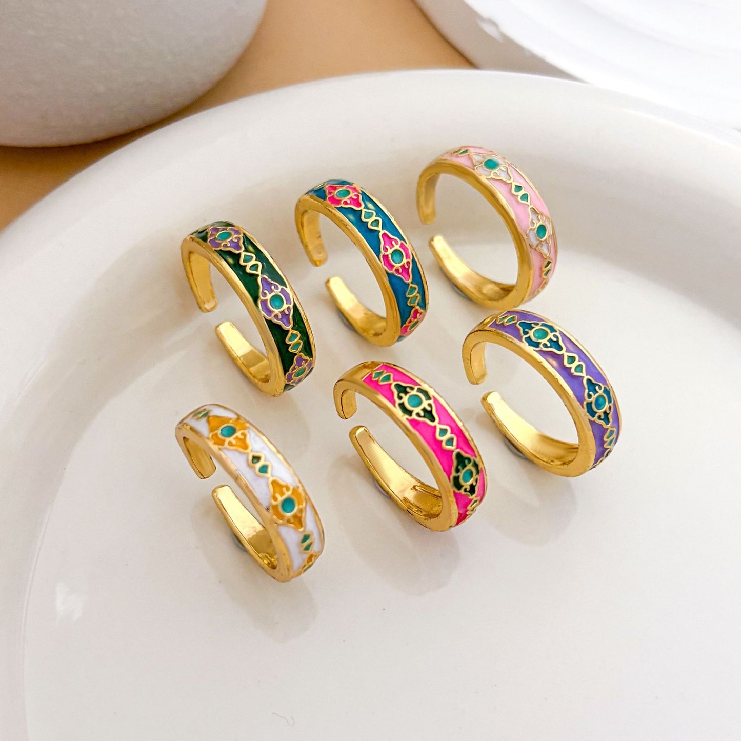 Vintage Sweet Geometric Polka Dot Gold Plated Brass Adjustable Ring for Women