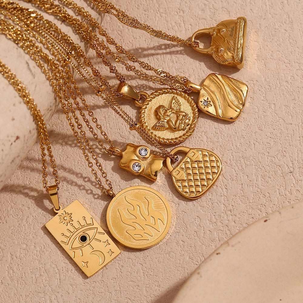 Vintage Geometric Pendant Necklace for Women Stainless Steel with 18K Gold Plating and Zircon Inlay