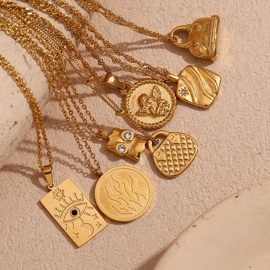 Vintage Geometric Pendant Necklace for Women Stainless Steel with 18K Gold Plating and Zircon Inlay