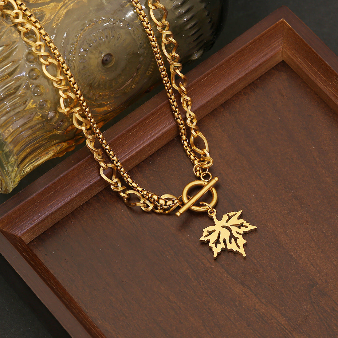 Personalized Maple Leaf Necklace Set in Stainless Steel with Titanium Steel Pendant and Electroplated Finish for Women