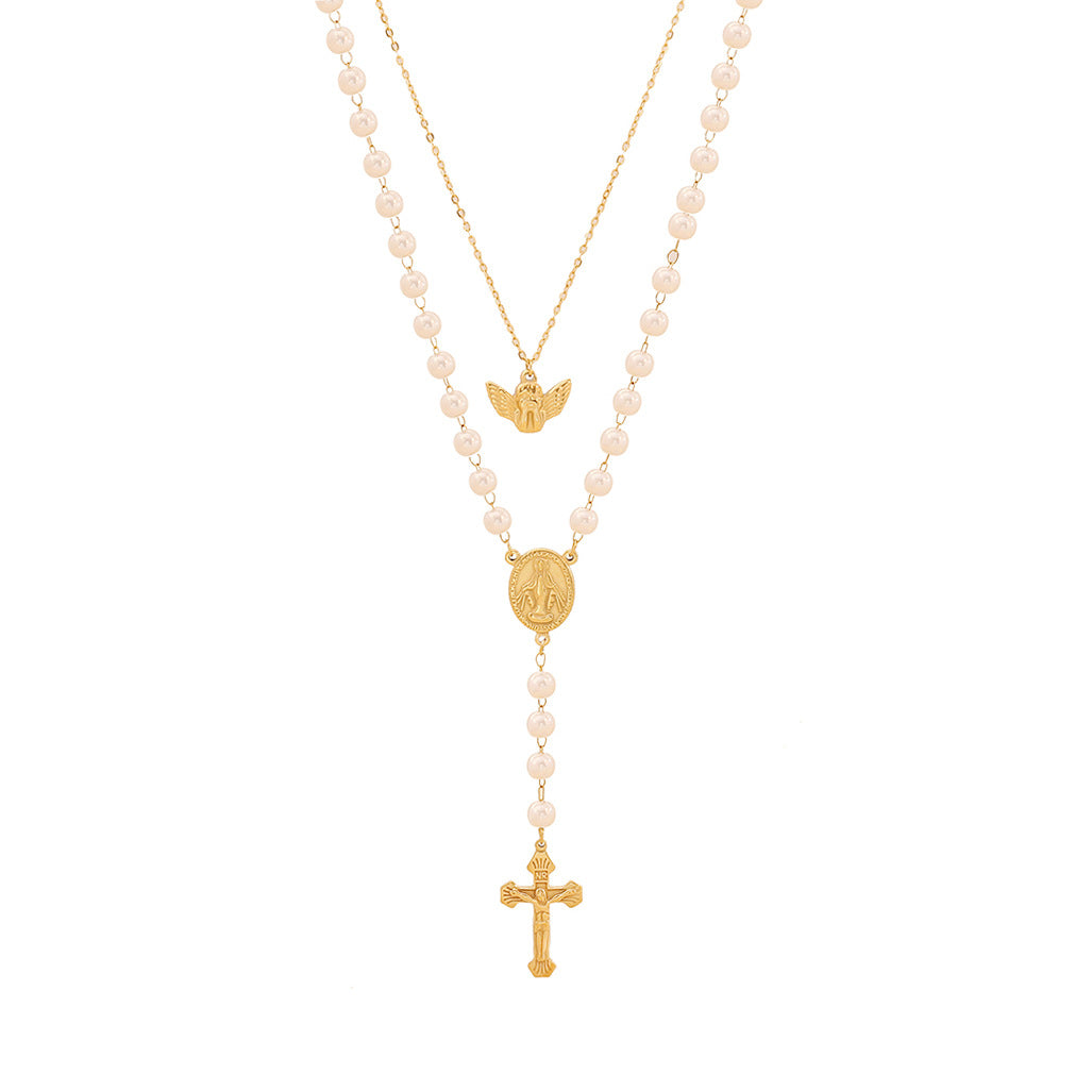 Collana con Doppia Nappa Stile OL Alla Moda con Ciondolo a Croce in Acciaio Inossidabile e Dettagli in Perle