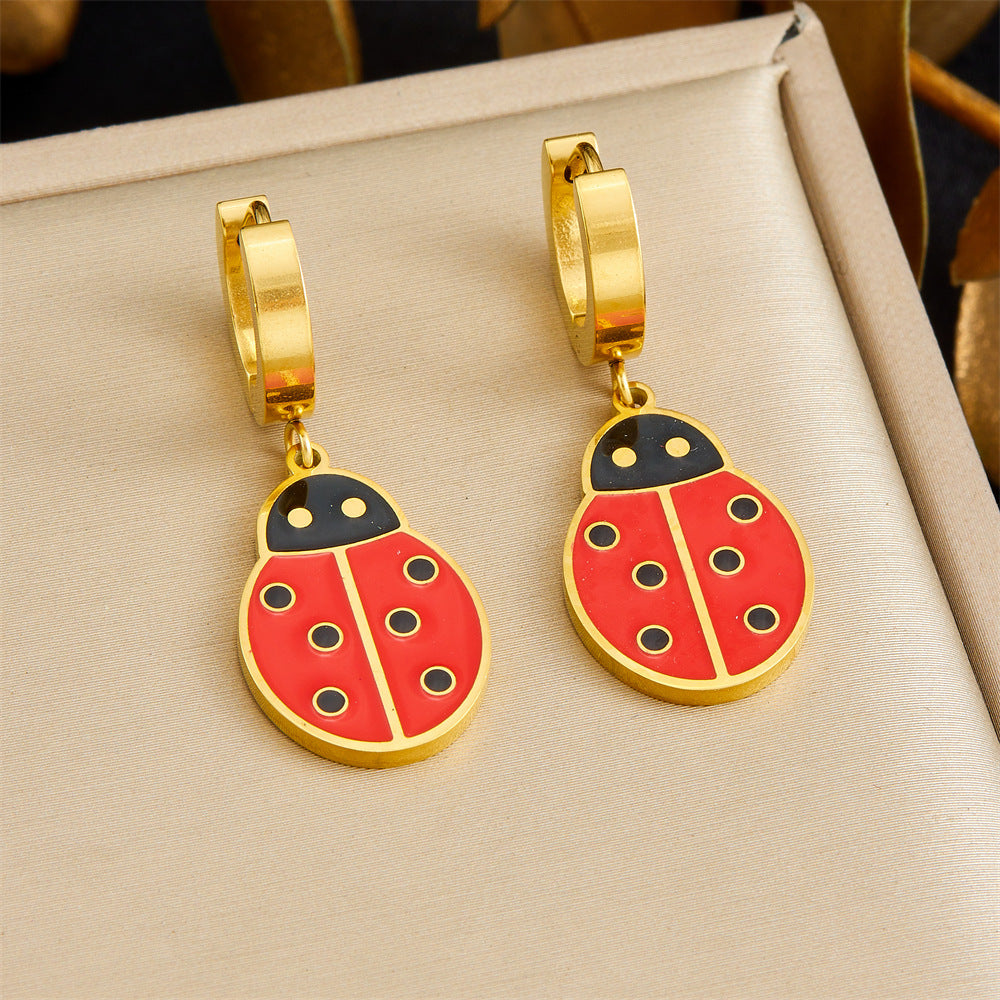 Sweet Cartoon Stainless Steel Drip Oil Insect Dragonfly Ladybug Jewelry Set with Cable Chain