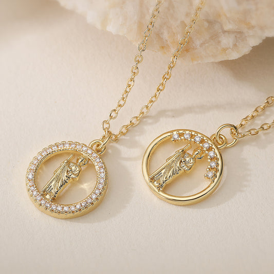 Minimalist 18K Gold Plated Brass Round Geometric Cubic Zirconia Pendant Necklace