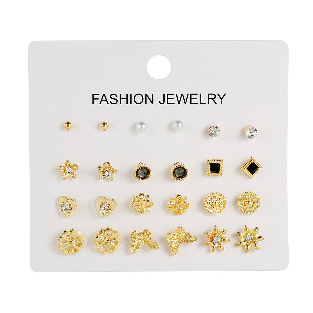 Minimalist Casual Geometric Butterfly Floral Gold Plated Stainless Steel Rhinestone Stud Earrings Set