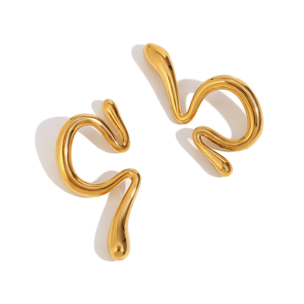 Orecchini a clip in acciaio inossidabile placcato oro 18 carati con curva liquida irregolare minimalista da donna, stile geometrico e da ufficio