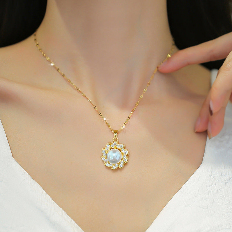 Collar de lujo giratorio con perlas para mujer con cadena de acero de titanio, colgante geométrico, incrustaciones de diamantes de imitación, cadena para clavícula