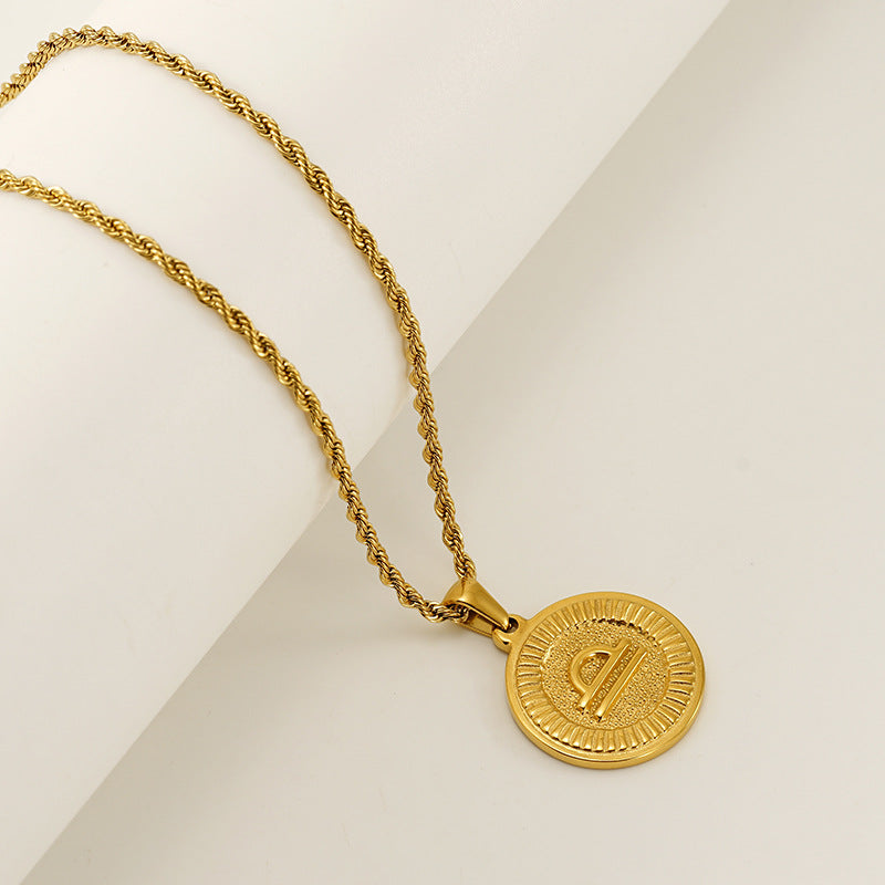 Vintage 18K Gold Plated Round Zodiac Pendant Titanium Steel Rope Chain Necklace Unisex