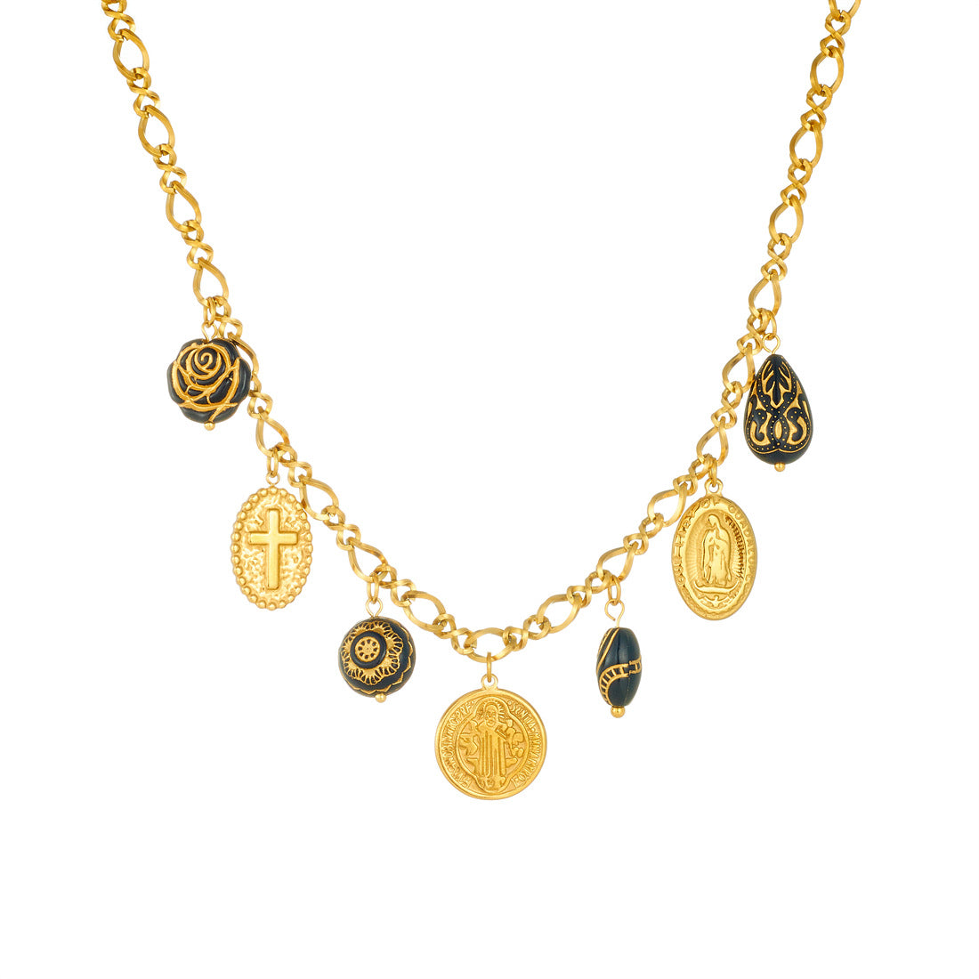 Luxury Elegant Black Gold Round Cross Pendant with Acrylic Flower Stainless Steel Jewelry Set for Women