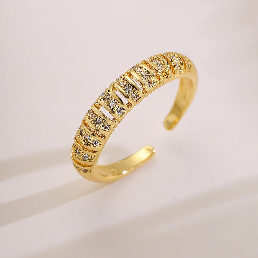Minimalist Love-Shaped Geometric Open Ring for Women with Gold Plating and Micro-Paved Zirconia on Copper Base
