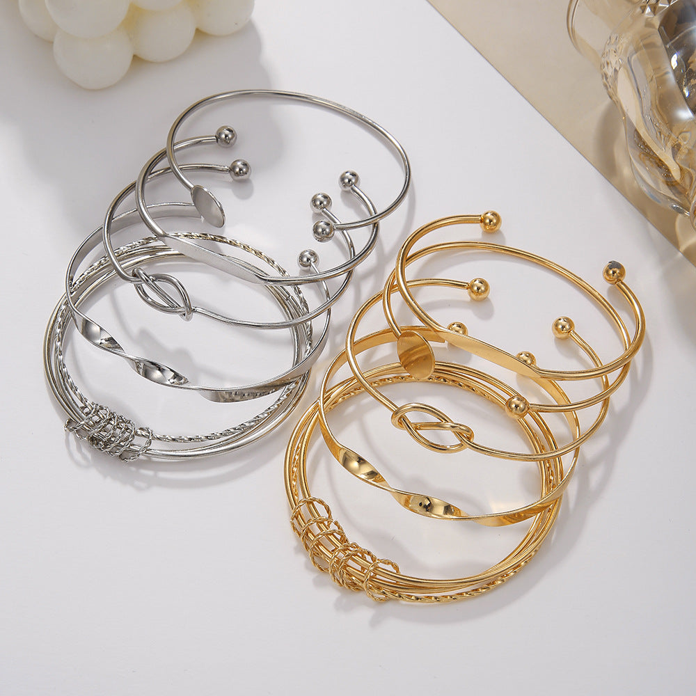 Bohemian Vintage Geometric Round Plated Alloy Open Knot Disc Cuff Bracelet Set for Women