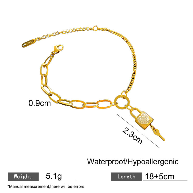Personalized Key and Lock Rhinestone Plated Titanium Steel Bracelet Adjustable Chain