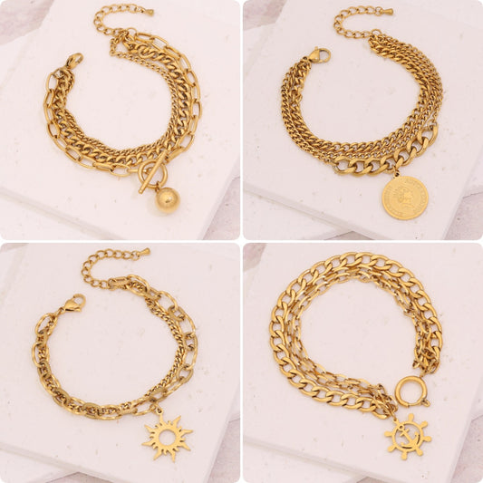Edgy Geometric Anchor and Ship Wheel Pendant Stainless Steel Bracelet for Women with Plated Finish