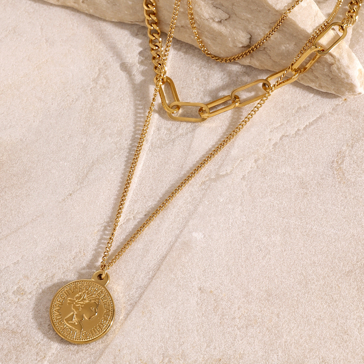 Gold Plated Stainless Steel Multi-Layer Cartoon Pendant Necklace for Women