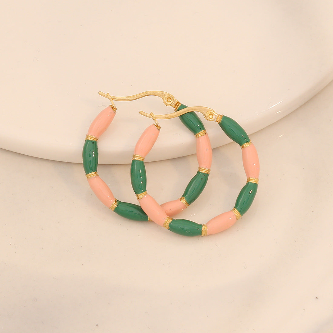 Fashionable Geometric Stainless Steel Earrings with Enamel Finish for Women