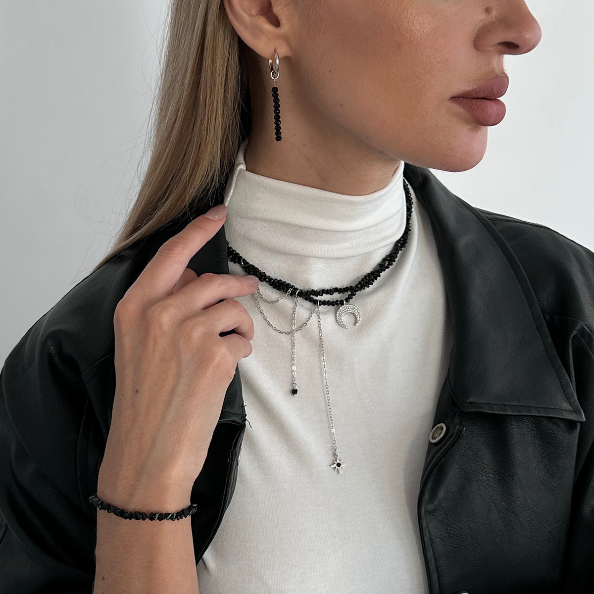 Punk Hip-hop Moon Pendant Alloy Necklace with Crystal Beads Plated Chain for Women