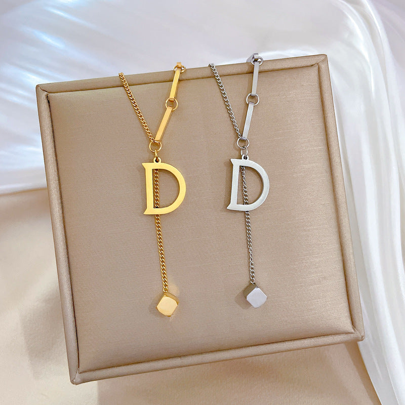 Minimalist Titanium Steel Letter Pendant Necklace for Women Short Clavicle Chain with Rhinestone Inlay Geometric Design