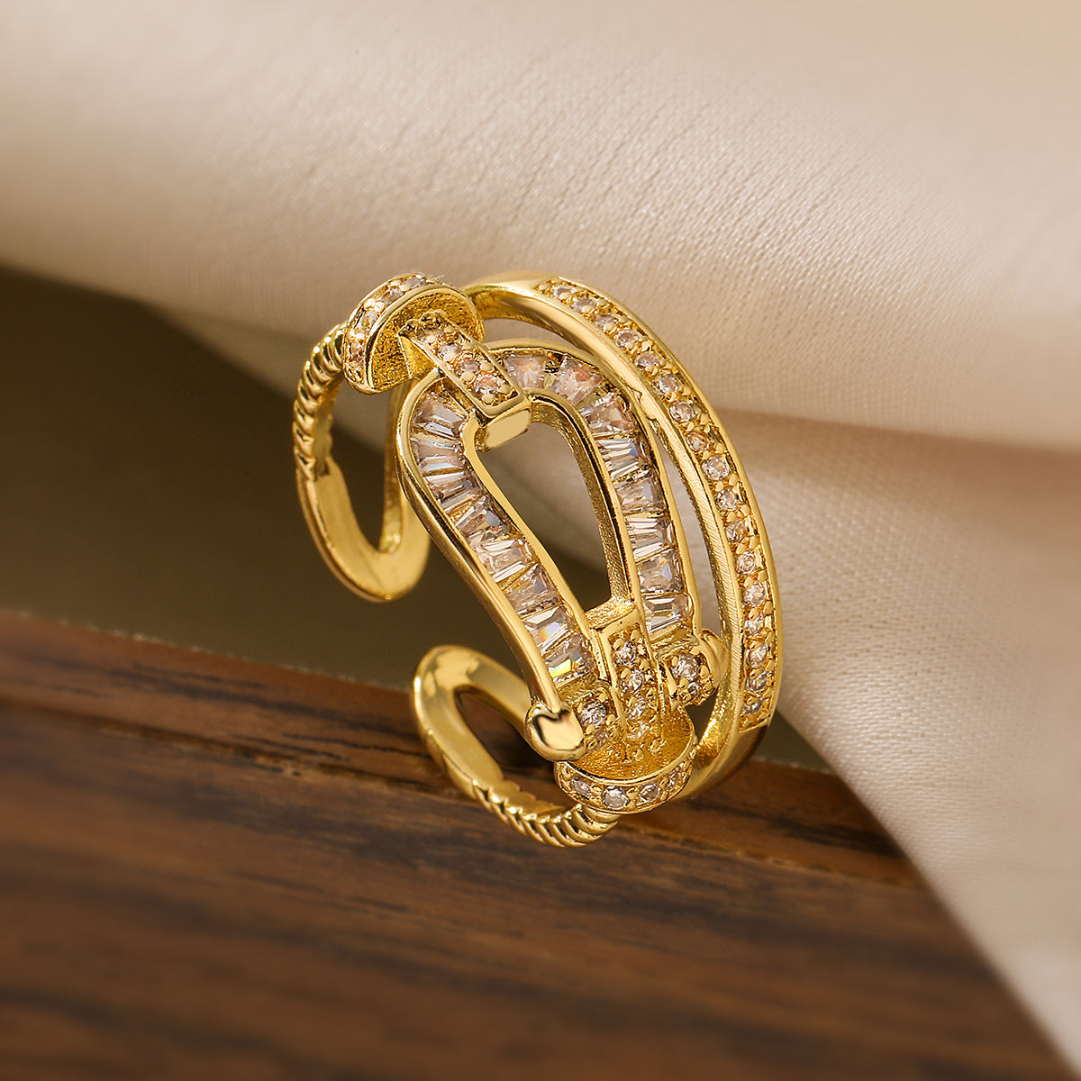 Minimalist Geometric Open Ring for Women Made of Copper with 18K Gold Plating and Micro-Paved Zirconia