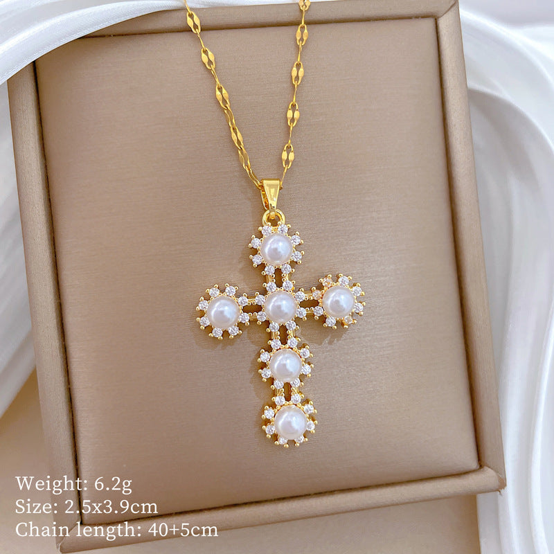 Sweet Pearl Rhinestone Cross Titanium Steel Necklace for Unisex