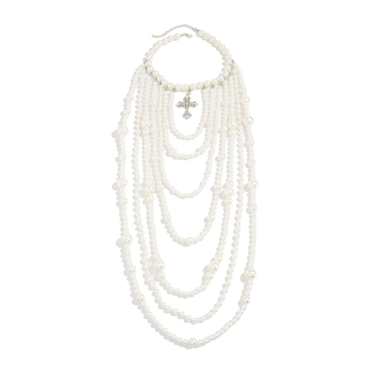 Collana a strati da donna con catena a sfera, perle barocche vintage francesi, croce geometrica
