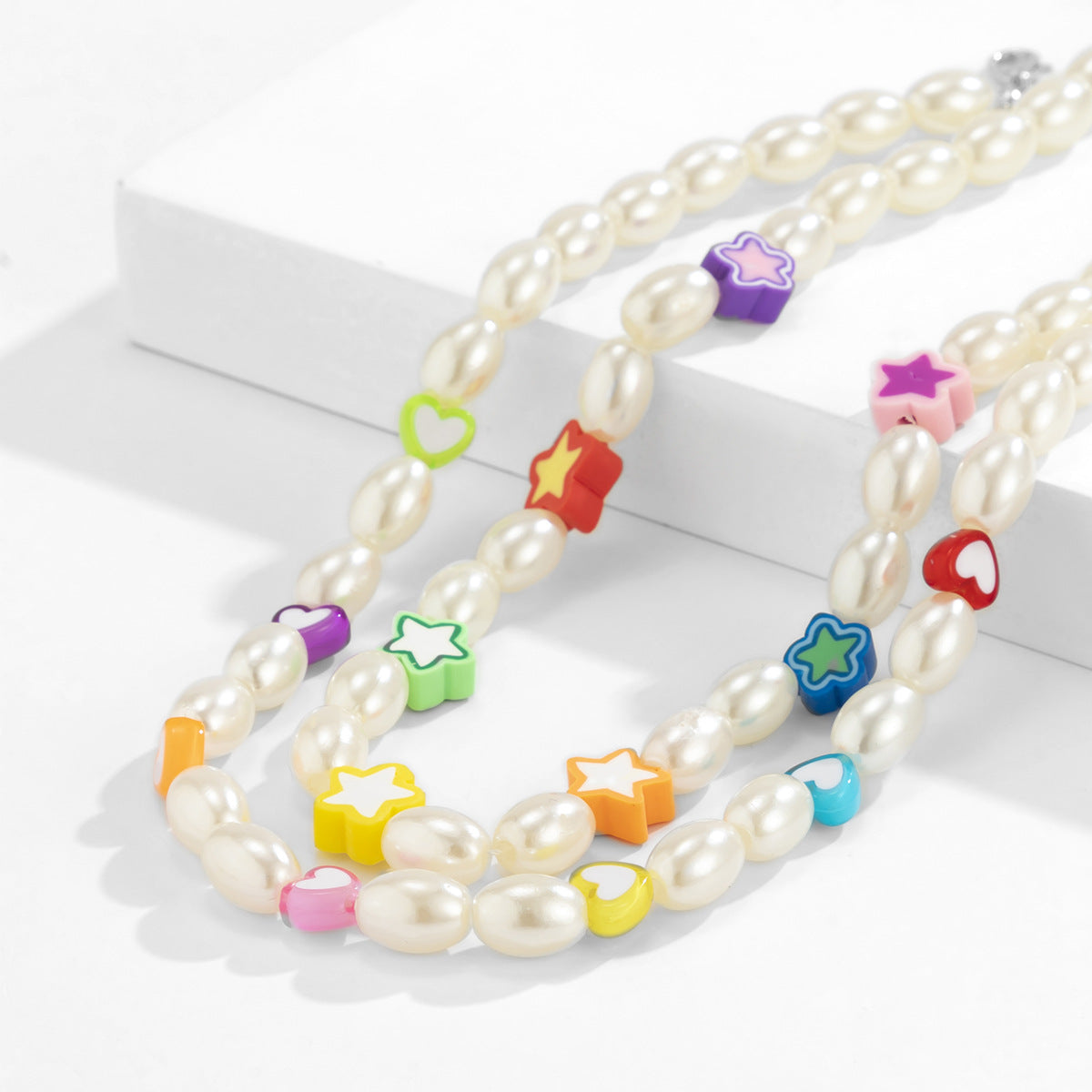 Vintage Bohemian Punk Geometric Star Acrylic Pearl Beaded Snake Chain Necklace for Women