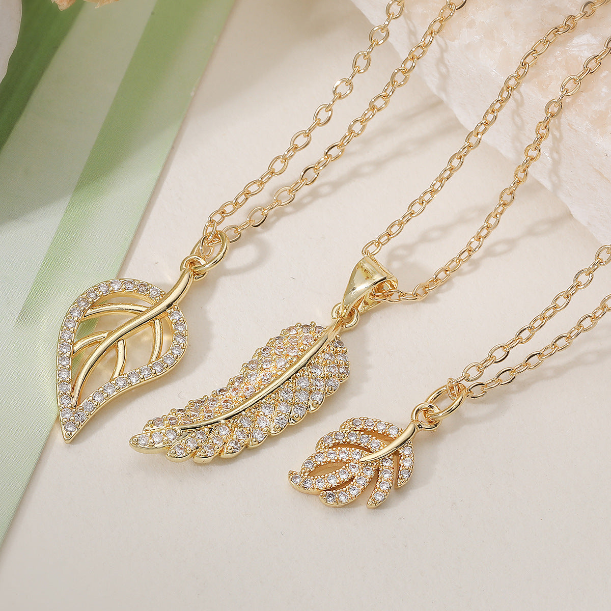 Minimalist Luxury Gold Plated Brass Geometric Feather Leaf Cubic Zirconia Pendant Necklace for Women
