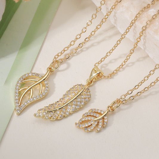 Minimalist Luxury Gold Plated Brass Geometric Feather Leaf Cubic Zirconia Pendant Necklace for Women