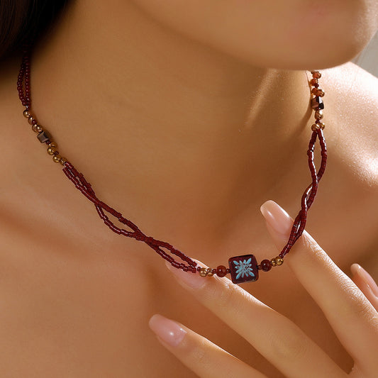 Vintage Geometric Square Wood Beaded Necklace Double Layer Brown Cable Chain Unisex