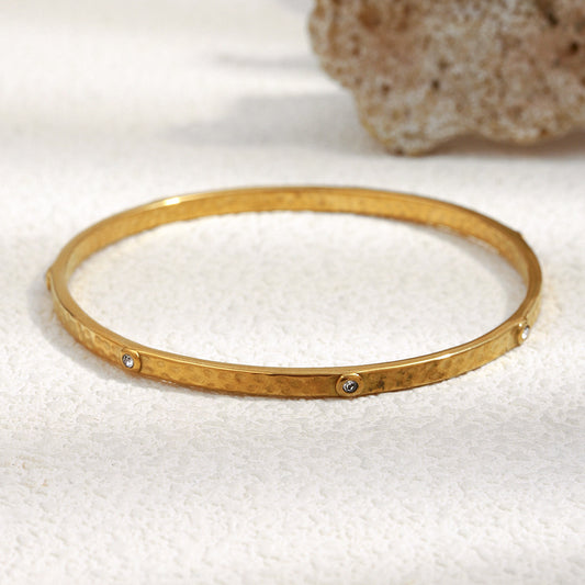 Vintage-Inspired Hammered Texture Stainless Steel Bracelet with 18K Gold Plating and Small Round Rhinestones