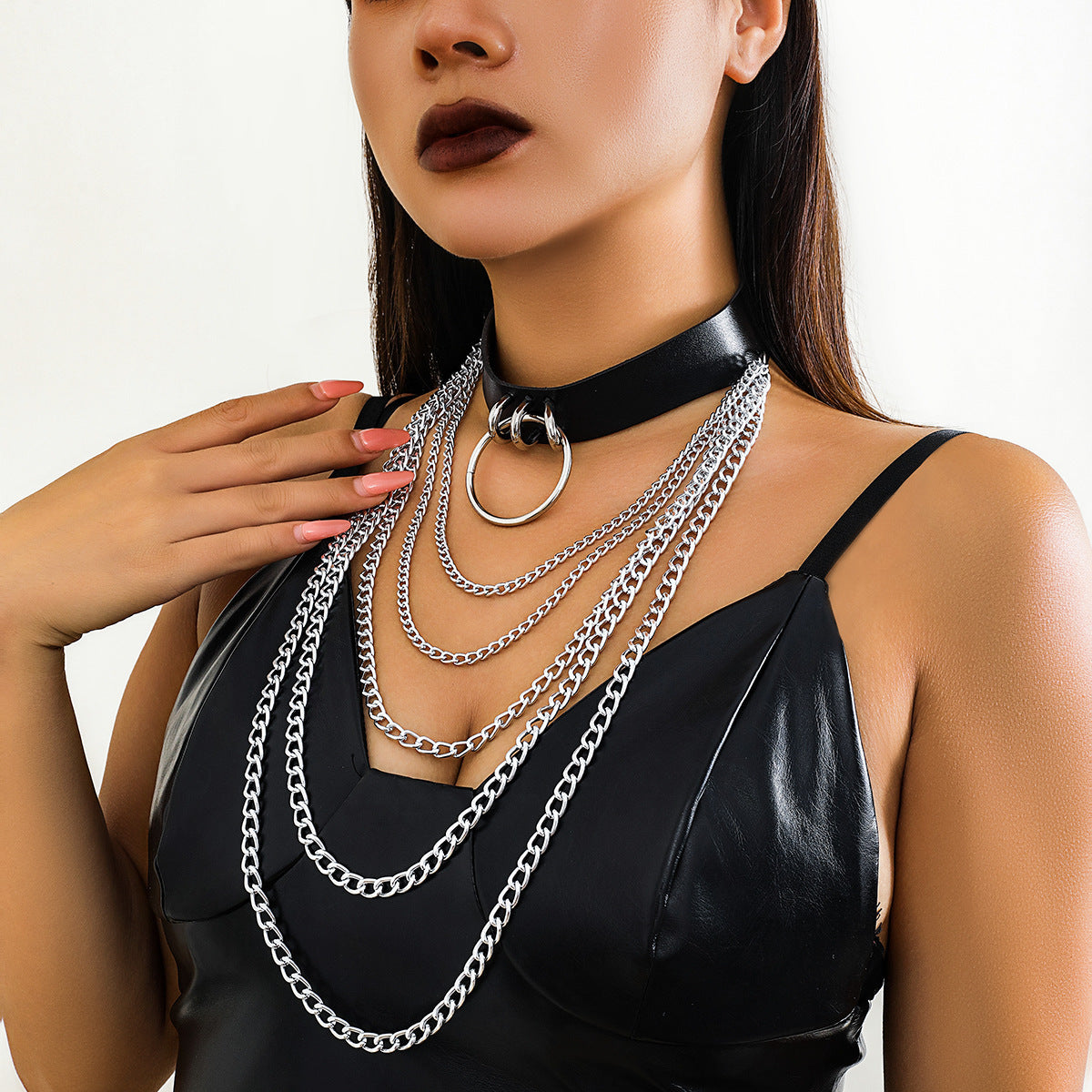 Punk Plated Alloy Cross Geometric Pendant Choker Necklace with Curb Chain for Women