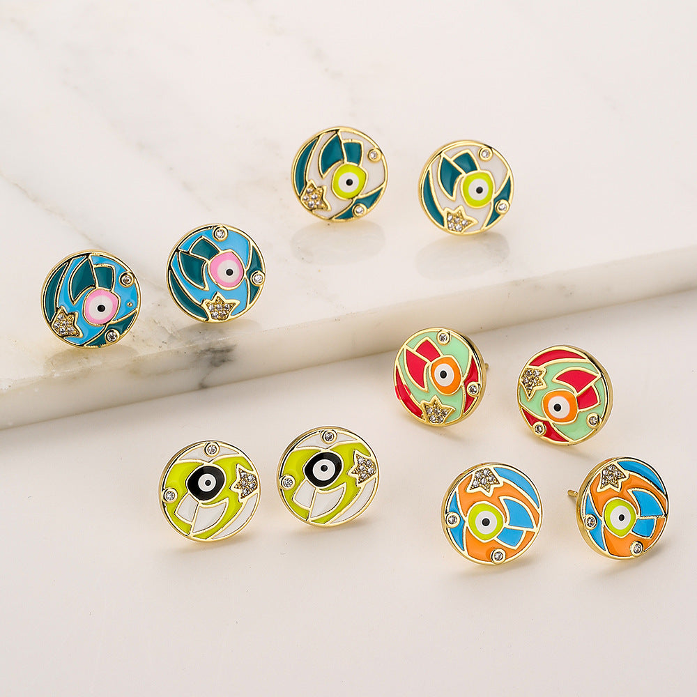 Minimalist Round Geometric Copper Earrings with Gold Plating and Enamel Finish for Women