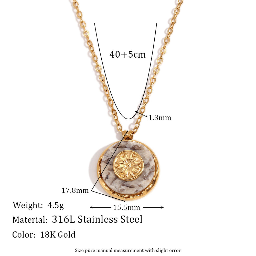 Minimalist Geometric Stainless Steel Plated 18K Gold Round Pendant Necklace with Natural Marble Sun Pattern