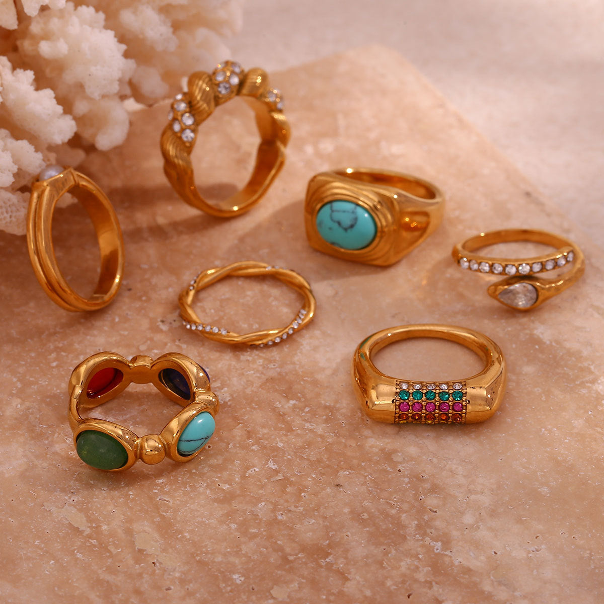 Fashionable Vintage French-Style Geometric Stainless Steel Ring Set for Women with 18K Gold Plating and Micro-Pave Detailing