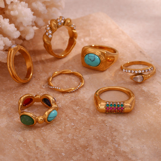 Elegante set di anelli da donna in acciaio inossidabile con placcatura in oro 18 carati e dettagli micro-pavé, in stile geometrico vintage francese