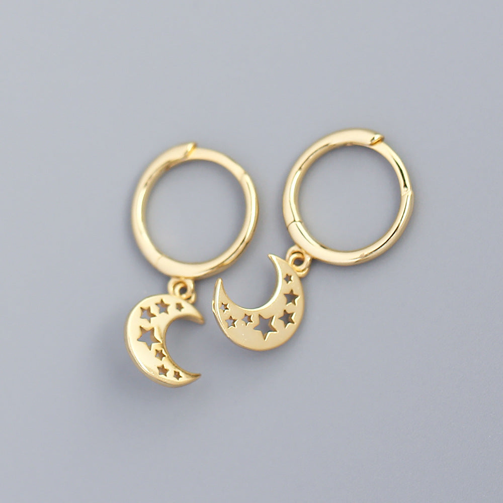 Orecchini a cerchio Sweet Minimalist con motivo geometrico a stella e luna, in argento sterling 925
