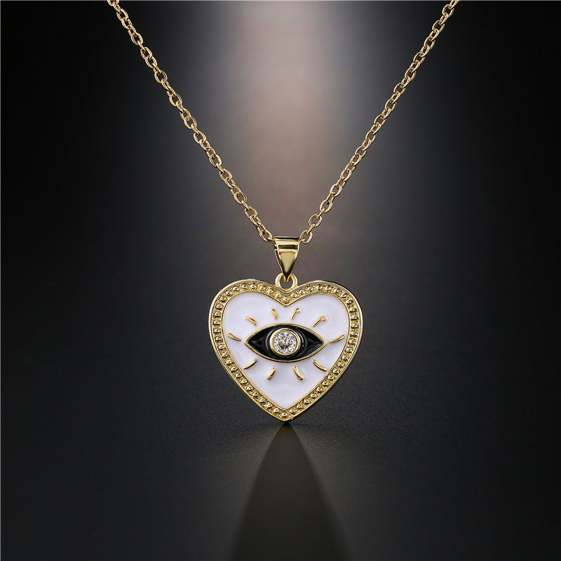 Fashion Heart Eye Geometric Drip Oil Gold Plated Brass Pendant Necklace for Women with Cable Chain