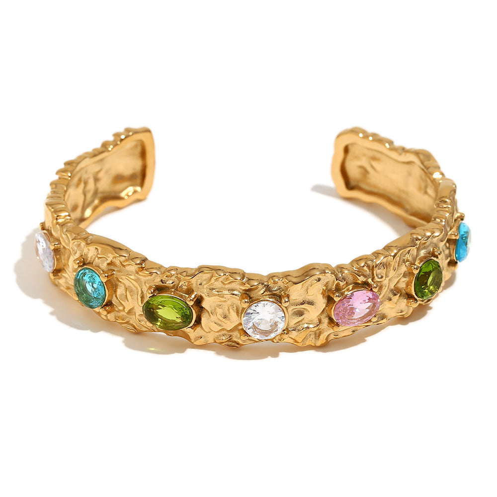 Fashionable Geometric Stainless Steel Plated 18K Gold Irregular Micro-Pave Cast Bracelet and Ring Set