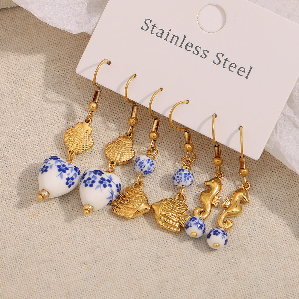 Vintage Style Fish-Shaped Stainless Steel Earrings with 18K Gold Plating and Abalone Inlay for Women