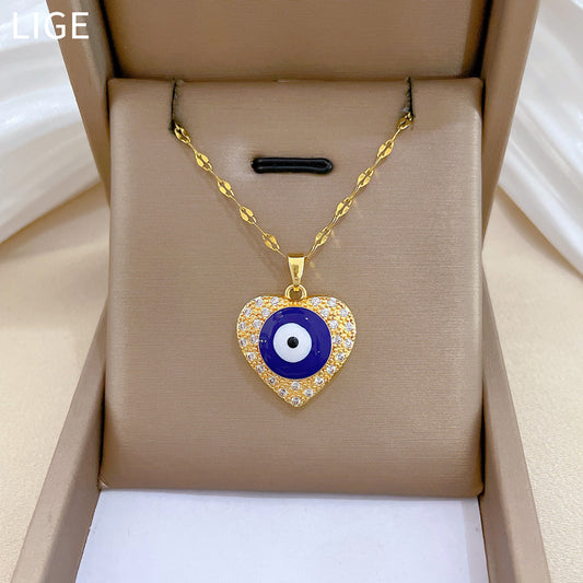 Sweet Minimalist Heart Geometric Titanium Steel Necklace with Cubic Zirconia Inlay for Unisex