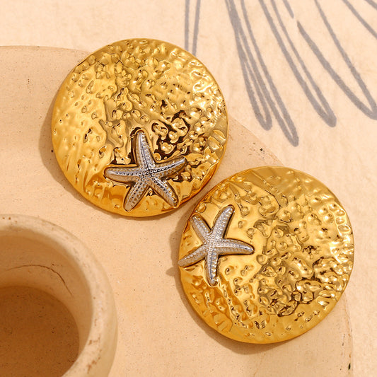 Pendientes de Acero Inoxidable Geométricos con Baño de Oro de 18K para Mujer, Pendientes de Moda con Diseño de Escudo y Estrella