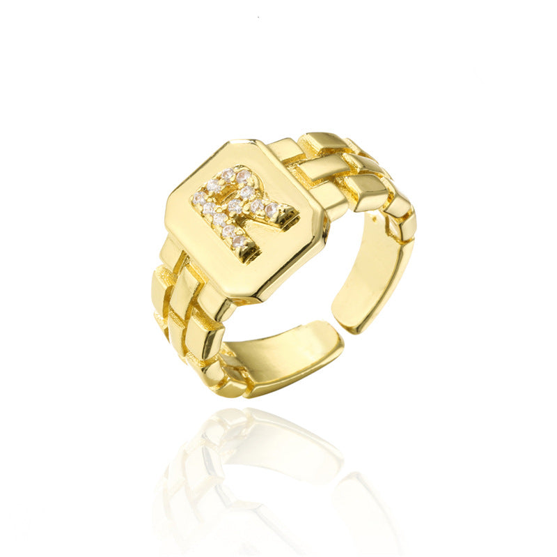 Minimalist Adjustable Open Ring with 18K Gold Plated Copper Band and AAA Zircon Letters Design