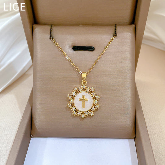 Collar Minimalista con Colgante de Estrella y Cruz para Mujer de Acero Inoxidable Cadena Delicada para Clavícula con Acentos de Pedrería